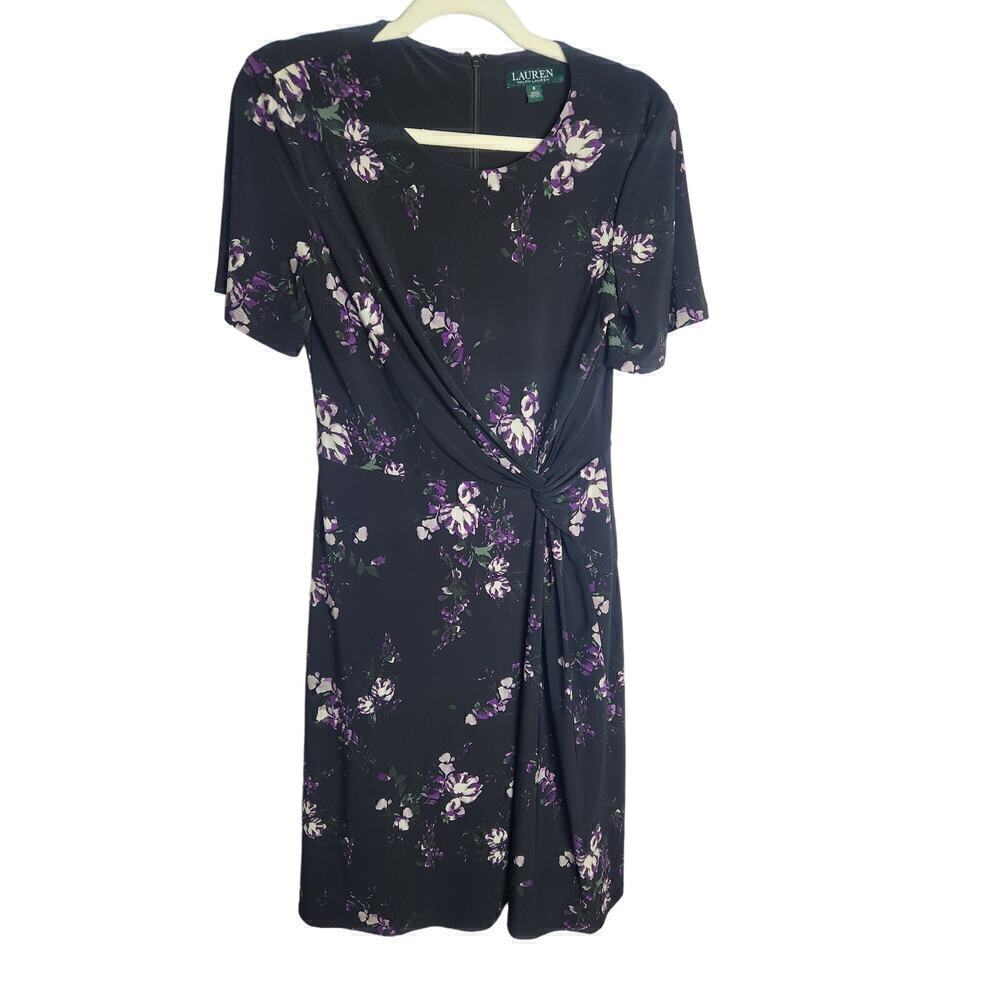 Lauren Ralph Lauren Dark Floral faux wrap dress sz 8 academic Careerwear